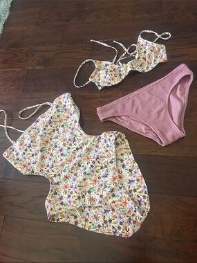 Floral One-Shoulder Bikini Top with Mauve Ribbed Bottoms